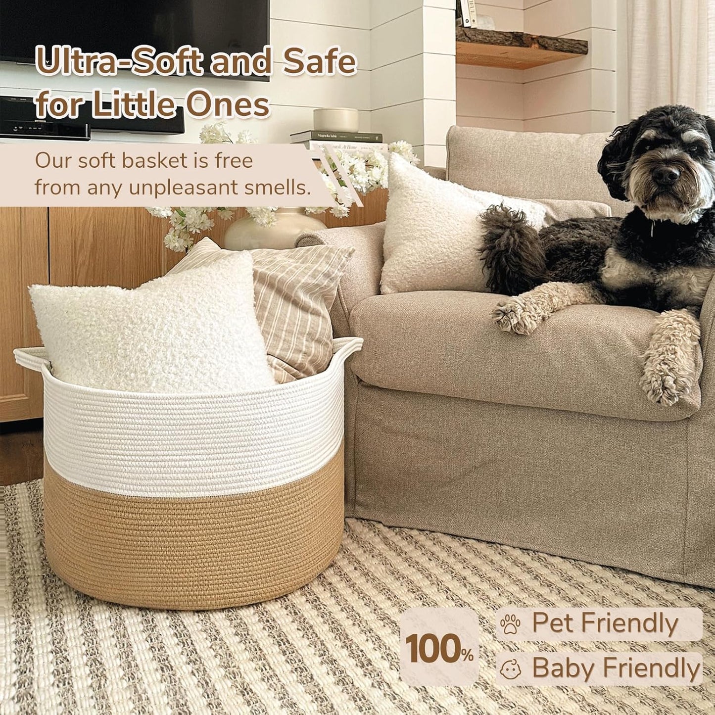 Xxxlarge Jute Rope Basket 21.7" X 21.7" X 13.8" Woven Baby Laundry Baskets for Blankets Toys Storage Basket with Handle Comforter Cushions Storage Bins Thread Laundry Hamper