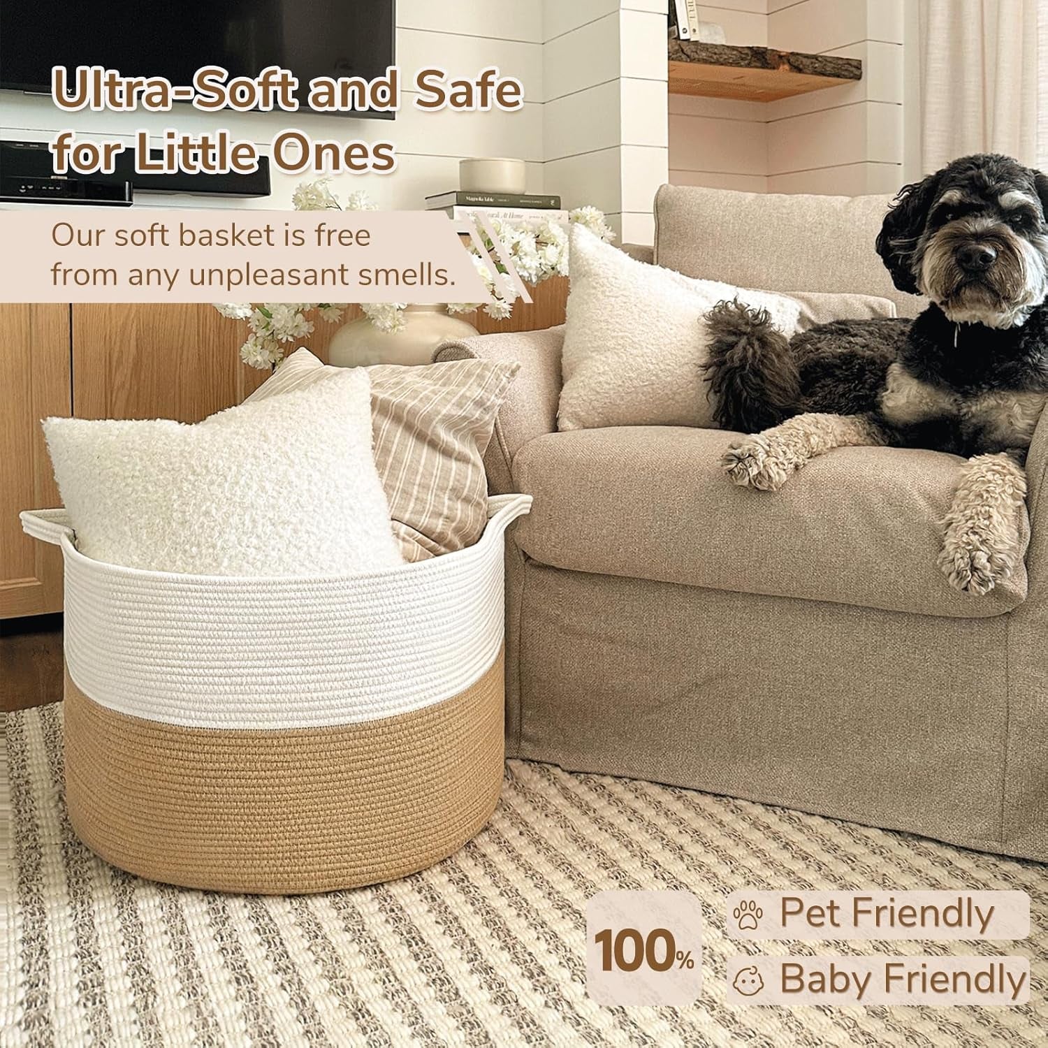 Xxxlarge Jute Rope Basket 21.7" X 21.7" X 13.8" Woven Baby Laundry Baskets for Blankets Toys Storage Basket with Handle Comforter Cushions Storage Bins Thread Laundry Hamper