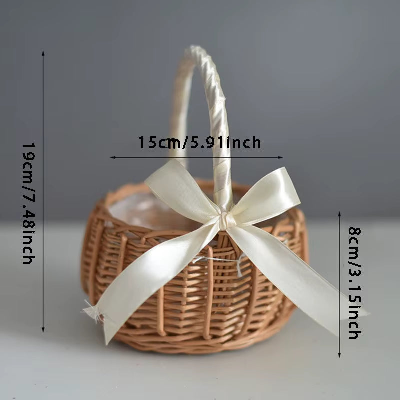 Hand-Woven Wedding Flower Basket with Handle Wicker Sundries Basket Wedding Flower Girls Basket for Home Picnic Storage Basket