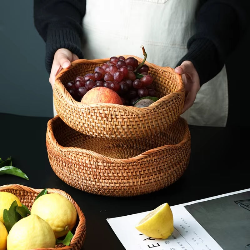 Hand-Woven Storage Basket Rattan Storage Tray Wicker Basket Bread Fruit Food Breakfast Picnic Basket Kitchen Storage Basket