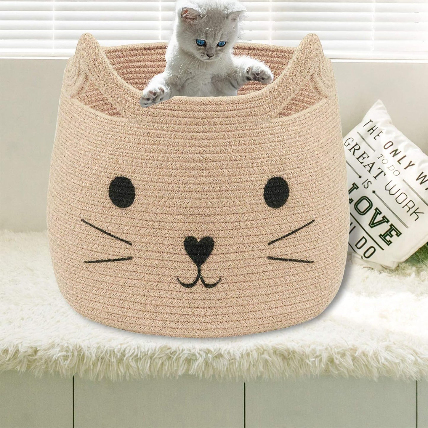 Animal Baskets Large Woven Cotton Rope Storage with Cute Cat Design Laundry Organizer for Towels, Blanket, Toys, Clothes, Gifts – Cat Toy Box Pet or Baby Gift Baskets 15"Lx14H"