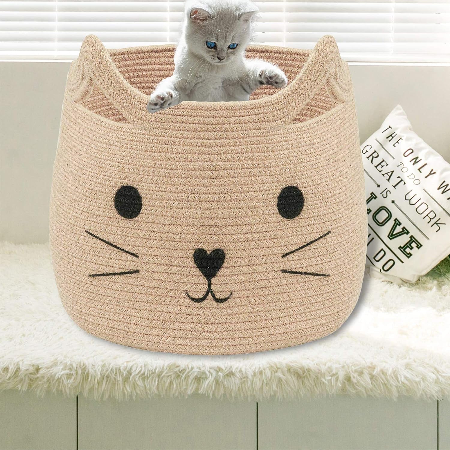 Animal Baskets Large Woven Cotton Rope Storage with Cute Cat Design Laundry Organizer for Towels, Blanket, Toys, Clothes, Gifts – Cat Toy Box Pet or Baby Gift Baskets 15"Lx14H"