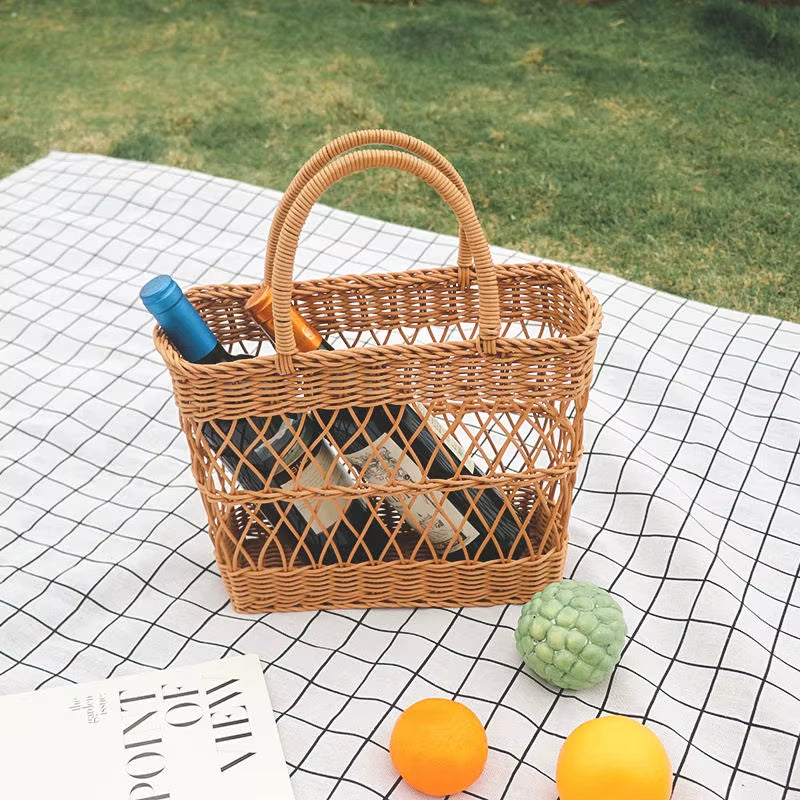 Woven Picnic Basket Large Capacity Fashionable Handmade Shopping Basket Portable Rattan Basket for Camping Picnic BBQ Fishing