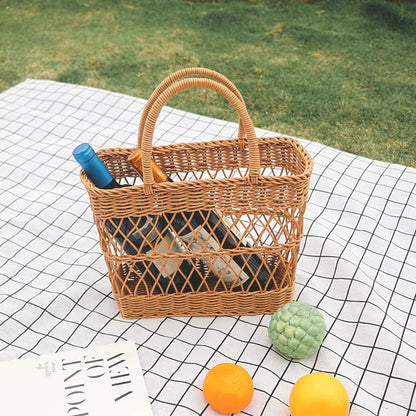 Woven Picnic Basket Large Capacity Fashionable Handmade Shopping Basket Portable Rattan Basket for Camping Picnic BBQ Fishing