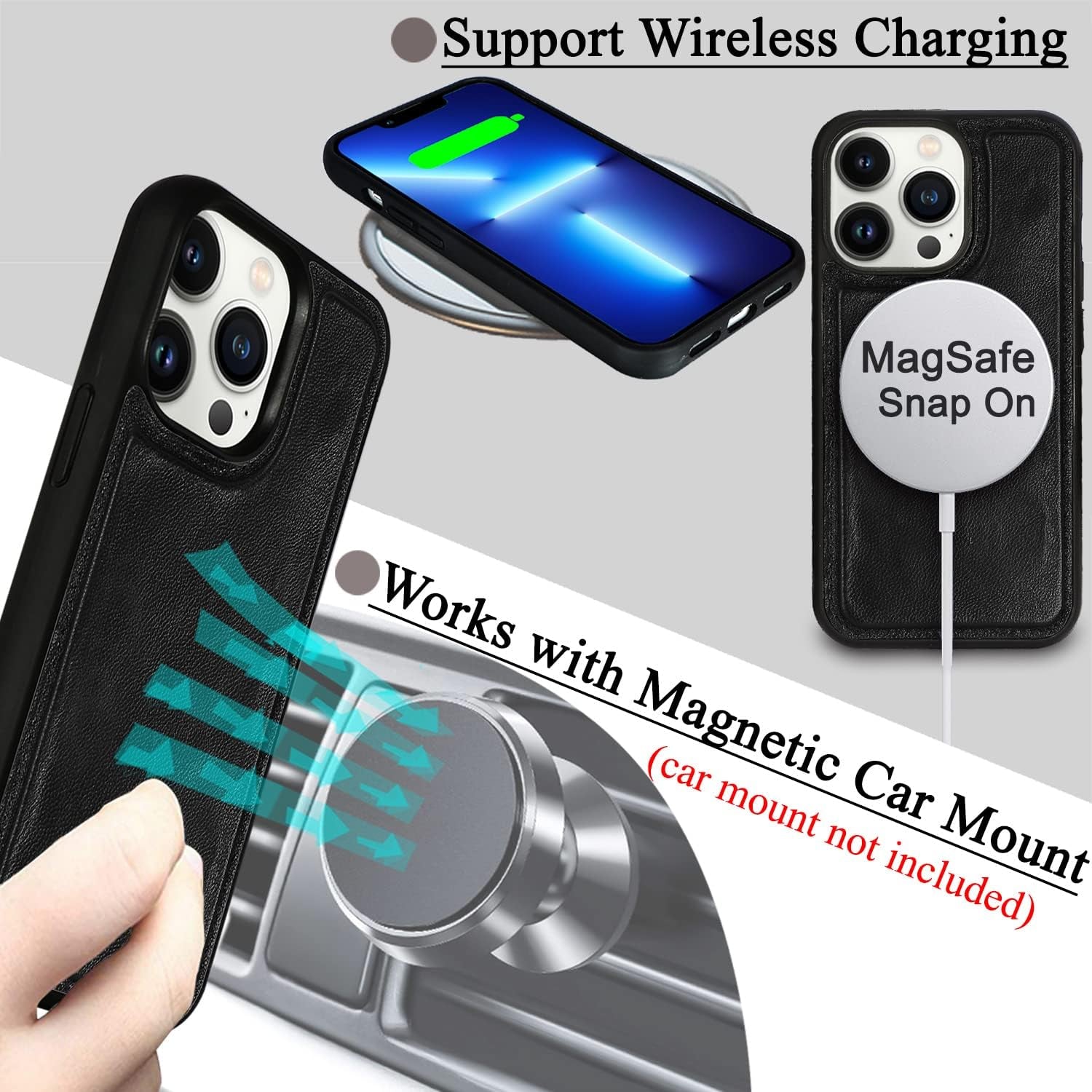 Genuine Leather Wallet Case for Iphone 13 Pro Max, Wireless Charging Compatible, RFID Card Protection, Magnetic Detachable, Luxury Flip Folio Phone Cases Cover, Tempered Glass Included (Black)