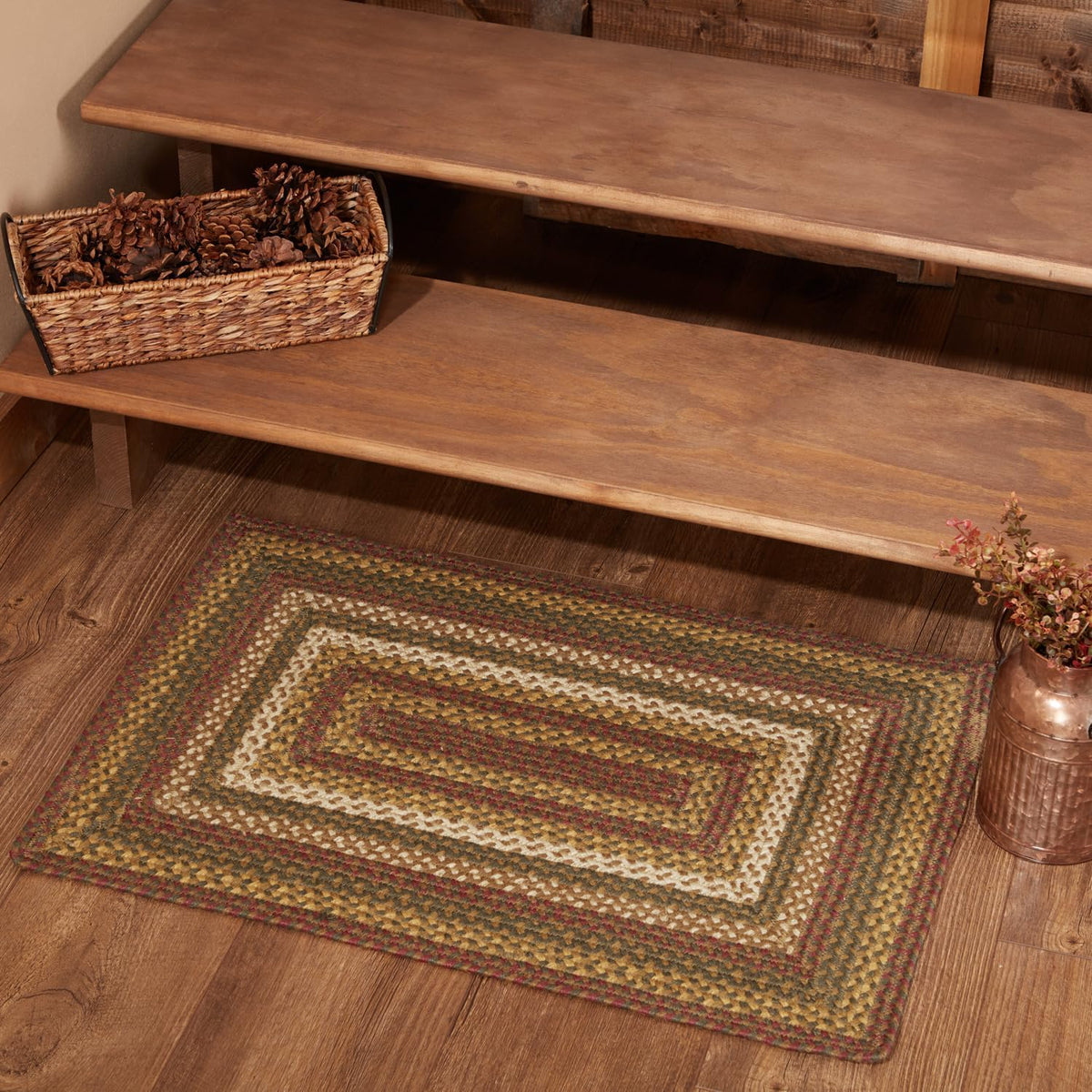 Tea Cabin Rustic Jute Green Striped Accent Rug Rectangle W/Floor Pad 20"X30"
