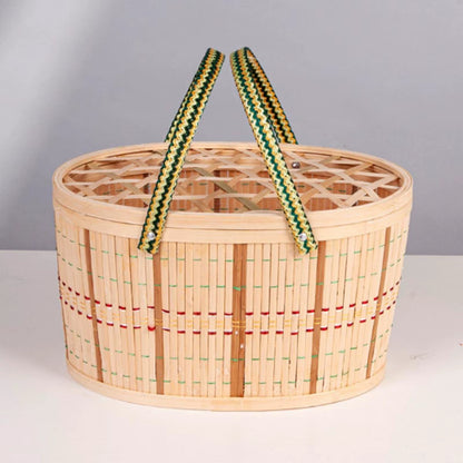Bamboo Woven Basket with Top Handle Versatile Handwoven Picnic Basket Food Storage Basket Bamboo Basket with Lid for Snacks Cake