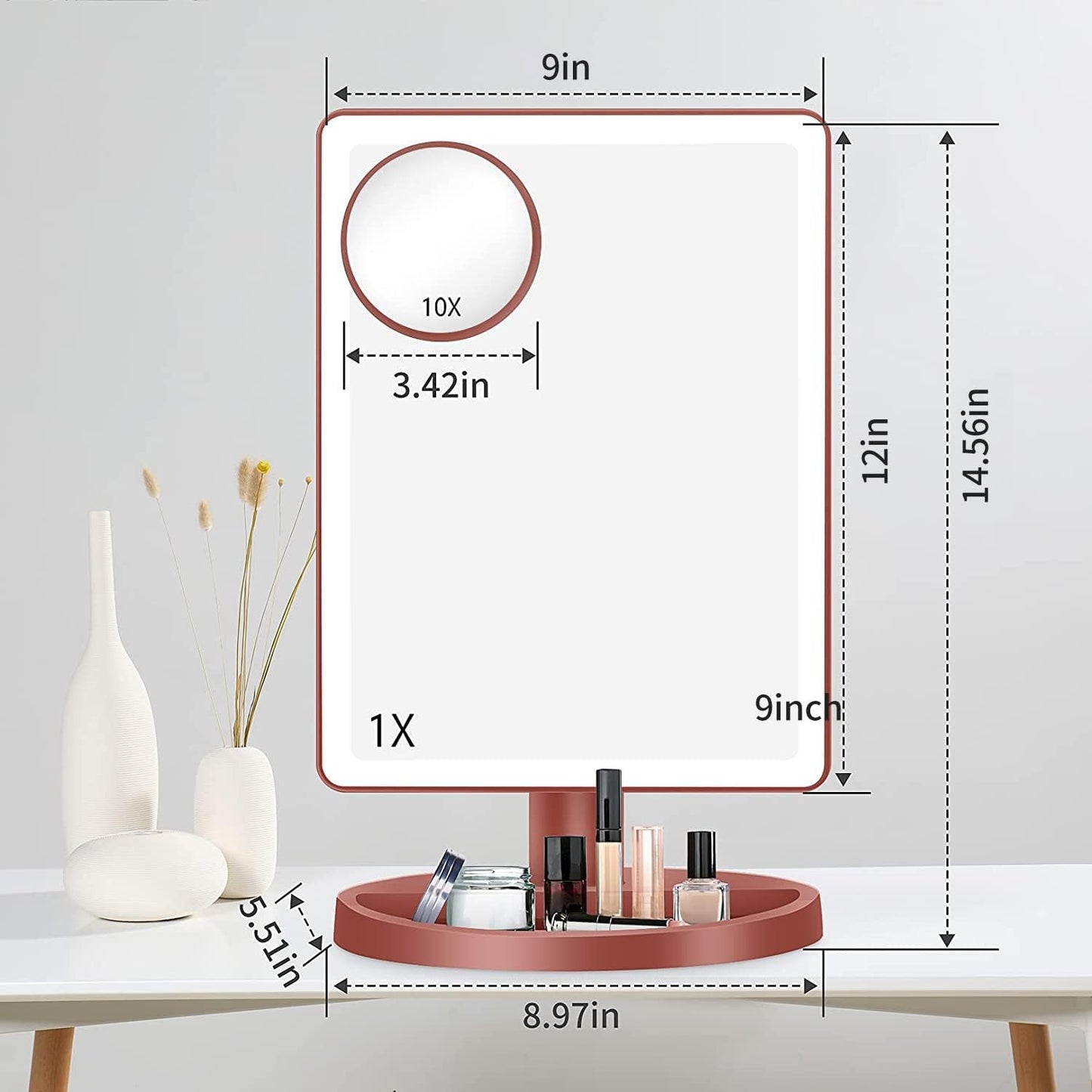 Large Lighted Vanity Makeup Mirror, 14.56 in X 8.97 In, 88 LED, 360 Rotation Touch Screen, 10X Magnification Tabletop Cosmetic Make up Mirror, Rose Gold