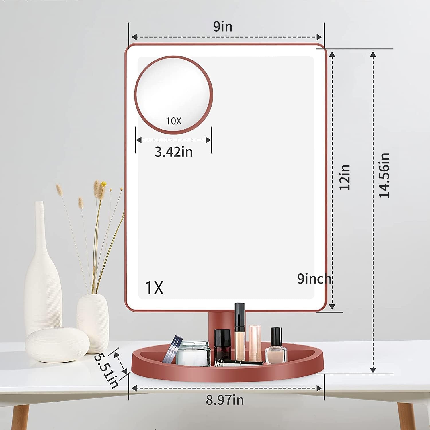 Large Lighted Vanity Makeup Mirror, 14.56 in X 8.97 In, 88 LED, 360 Rotation Touch Screen, 10X Magnification Tabletop Cosmetic Make up Mirror, Rose Gold