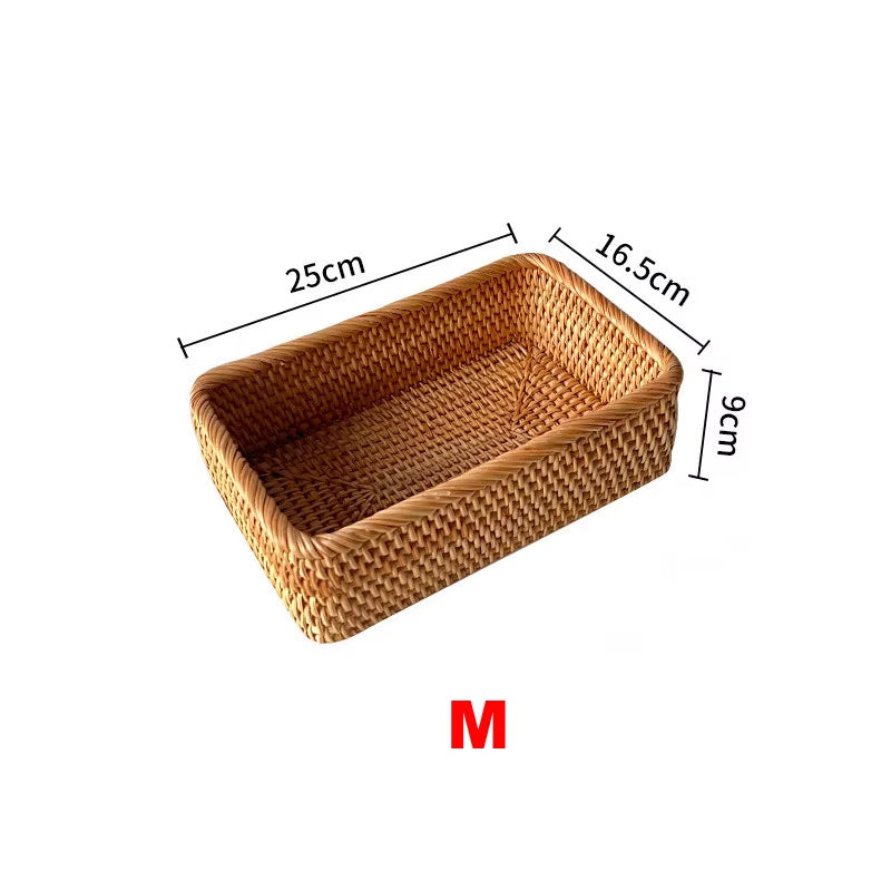 Handwoven Basket Organizer Wicker Basket Rectangular Rattan Basket Storage Tray Bread Fruit Picnic Basket Cosmetic Storage Box