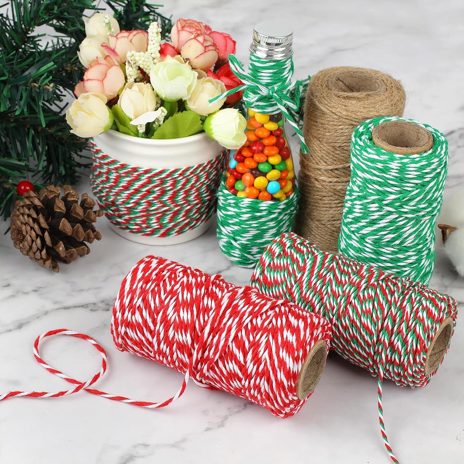 4 Rolls Natural Jute Twine, Red, Green & White - 70M/Roll