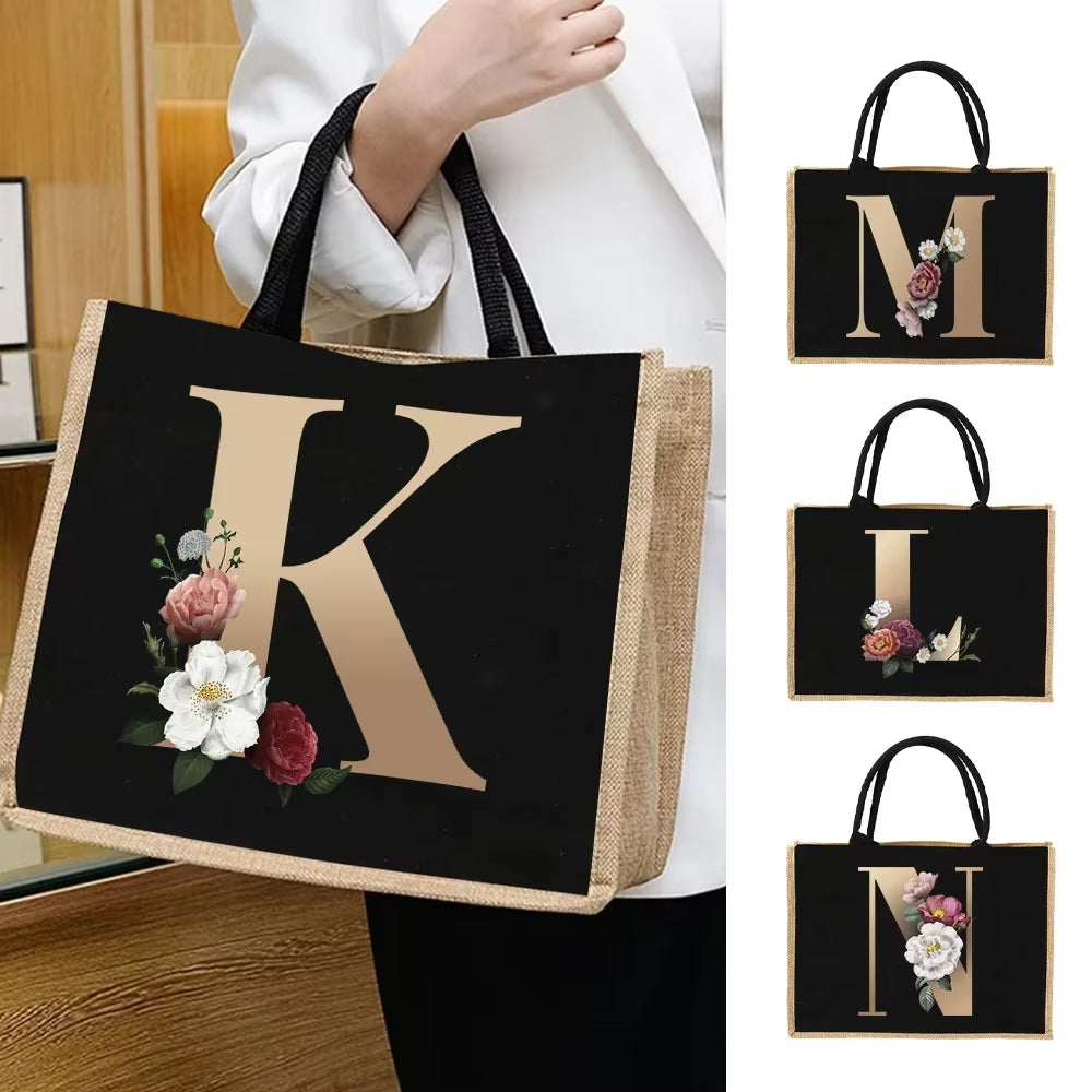 Jute Handbag Shoulder Bag Gold Letters Sacks Jute Imitation Bags Women Shopping Pouch Designer Laminated Bags Dark