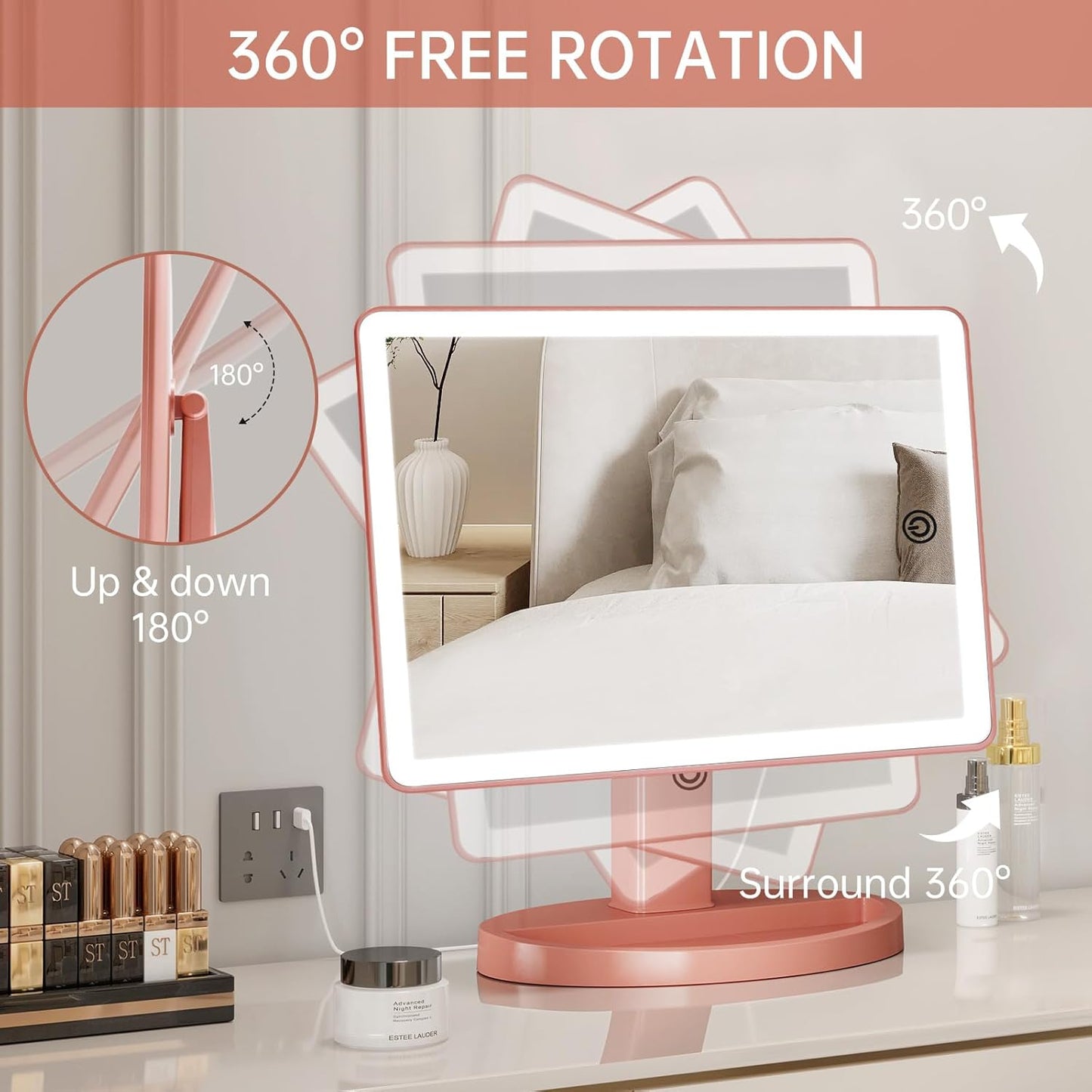 Large Lighted Vanity Makeup Mirror, 14.56 in X 8.97 In, 88 LED, 360 Rotation Touch Screen, 10X Magnification Tabletop Cosmetic Make up Mirror, Rose Gold