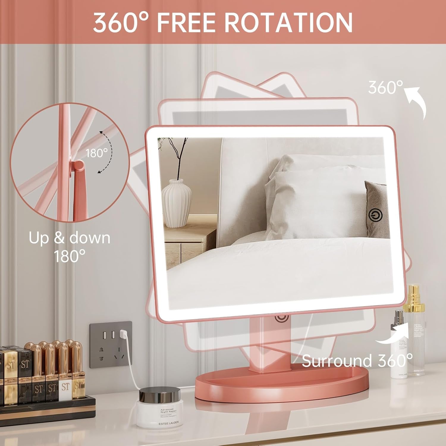 Large Lighted Vanity Makeup Mirror, 14.56 in X 8.97 In, 88 LED, 360 Rotation Touch Screen, 10X Magnification Tabletop Cosmetic Make up Mirror, Rose Gold