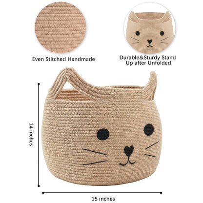 Animal Baskets Large Woven Cotton Rope Storage with Cute Cat Design Laundry Organizer for Towels, Blanket, Toys, Clothes, Gifts – Cat Toy Box Pet or Baby Gift Baskets 15"Lx14H"
