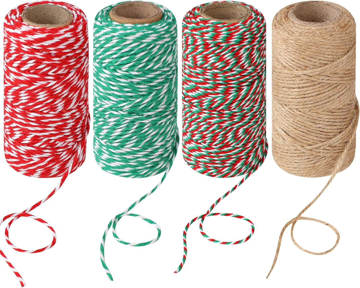 4 Rolls Natural Jute Twine, Red, Green & White - 70M/Roll