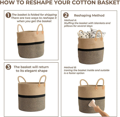 Extra Large Jute Woven Storage Basket with Handles – Laundry Basket Toy Towels Blanket Basket Home Decor Gift, 16" X 16", Black