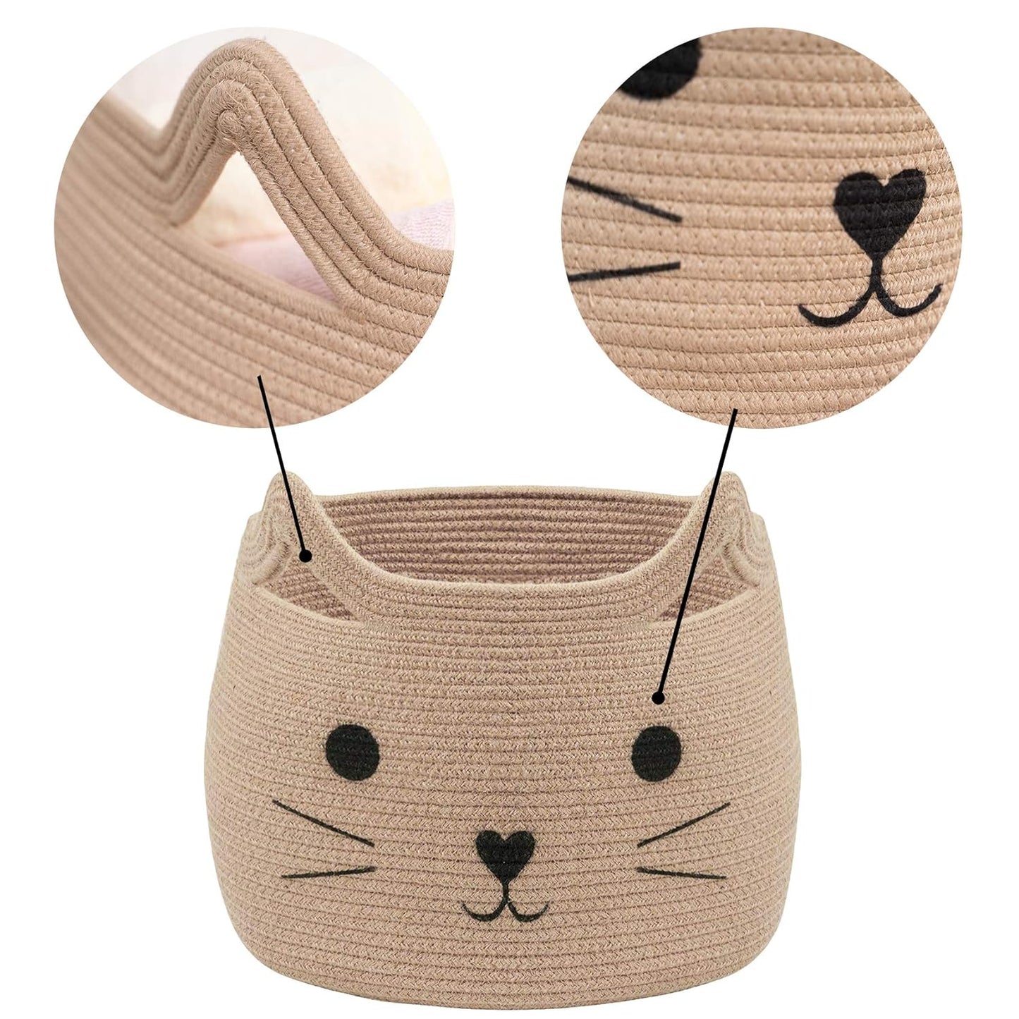 Animal Baskets Large Woven Cotton Rope Storage with Cute Cat Design Laundry Organizer for Towels, Blanket, Toys, Clothes, Gifts – Cat Toy Box Pet or Baby Gift Baskets 15"Lx14H"