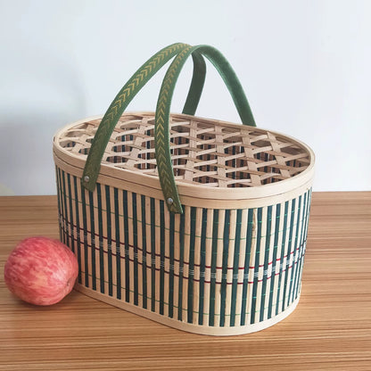 Bamboo Woven Basket with Top Handle Versatile Handwoven Picnic Basket Food Storage Basket Bamboo Basket with Lid for Snacks Cake