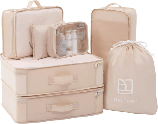 7-Piece Set Packing Cubes, Travel Bags for Luggage, Packing Organizers with Shoe Bag (Beige with a Toiletry Bag)