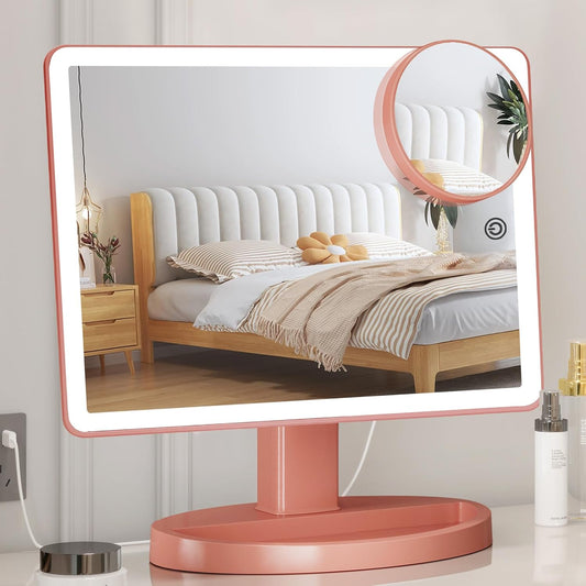 Large Lighted Vanity Makeup Mirror, 14.56 in X 8.97 In, 88 LED, 360 Rotation Touch Screen, 10X Magnification Tabletop Cosmetic Make up Mirror, Rose Gold