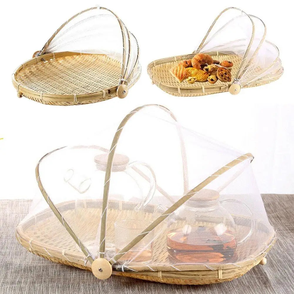 Anti-Insect Dustproof Basket Fruit Vegetable Tray Mesh Drying Dustpan Handmade Bamboo Food Storage Basket Picnic Basket