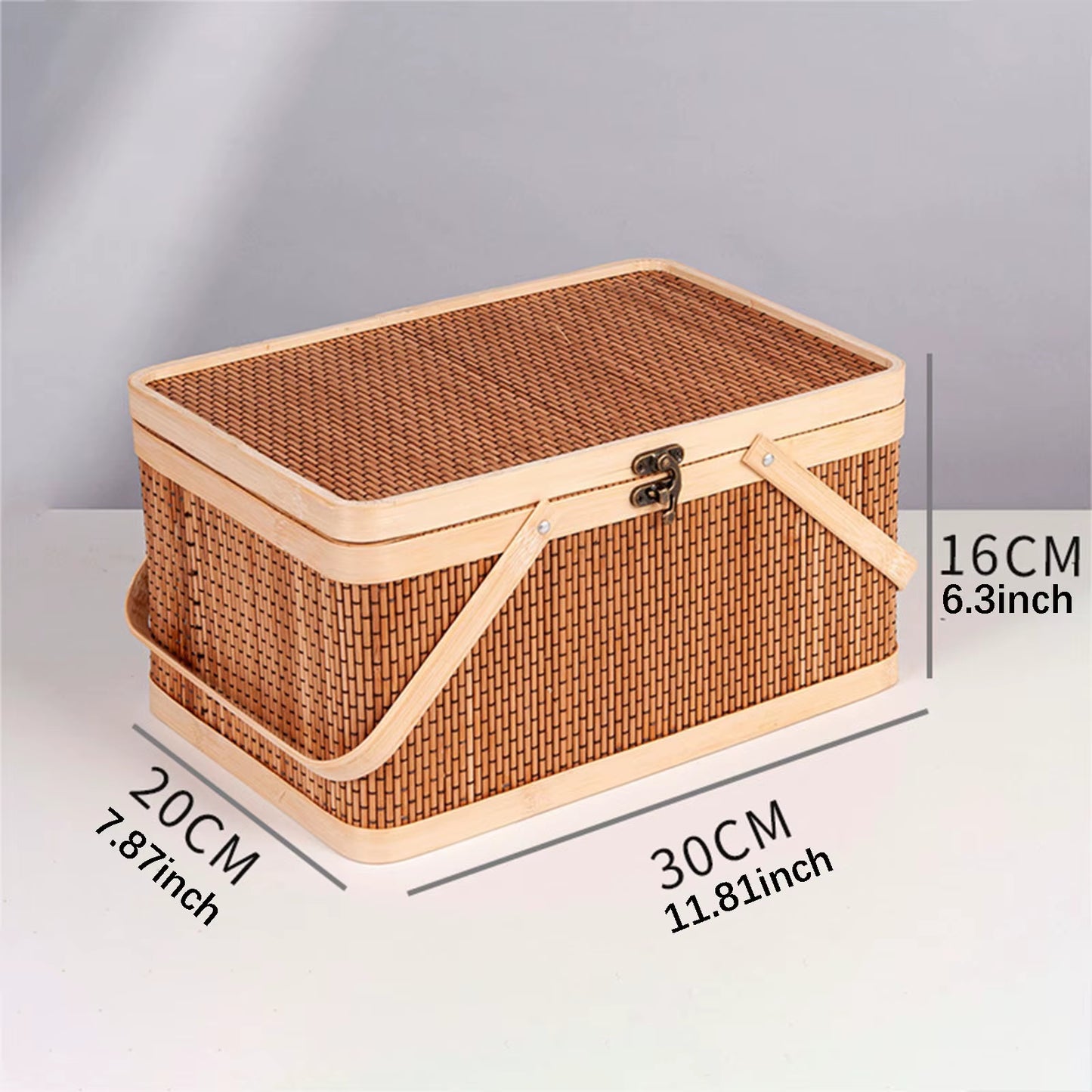 Bamboo Woven Basket with Top Handle Versatile Handwoven Picnic Basket Food Storage Basket Bamboo Basket with Lid for Snacks Cake