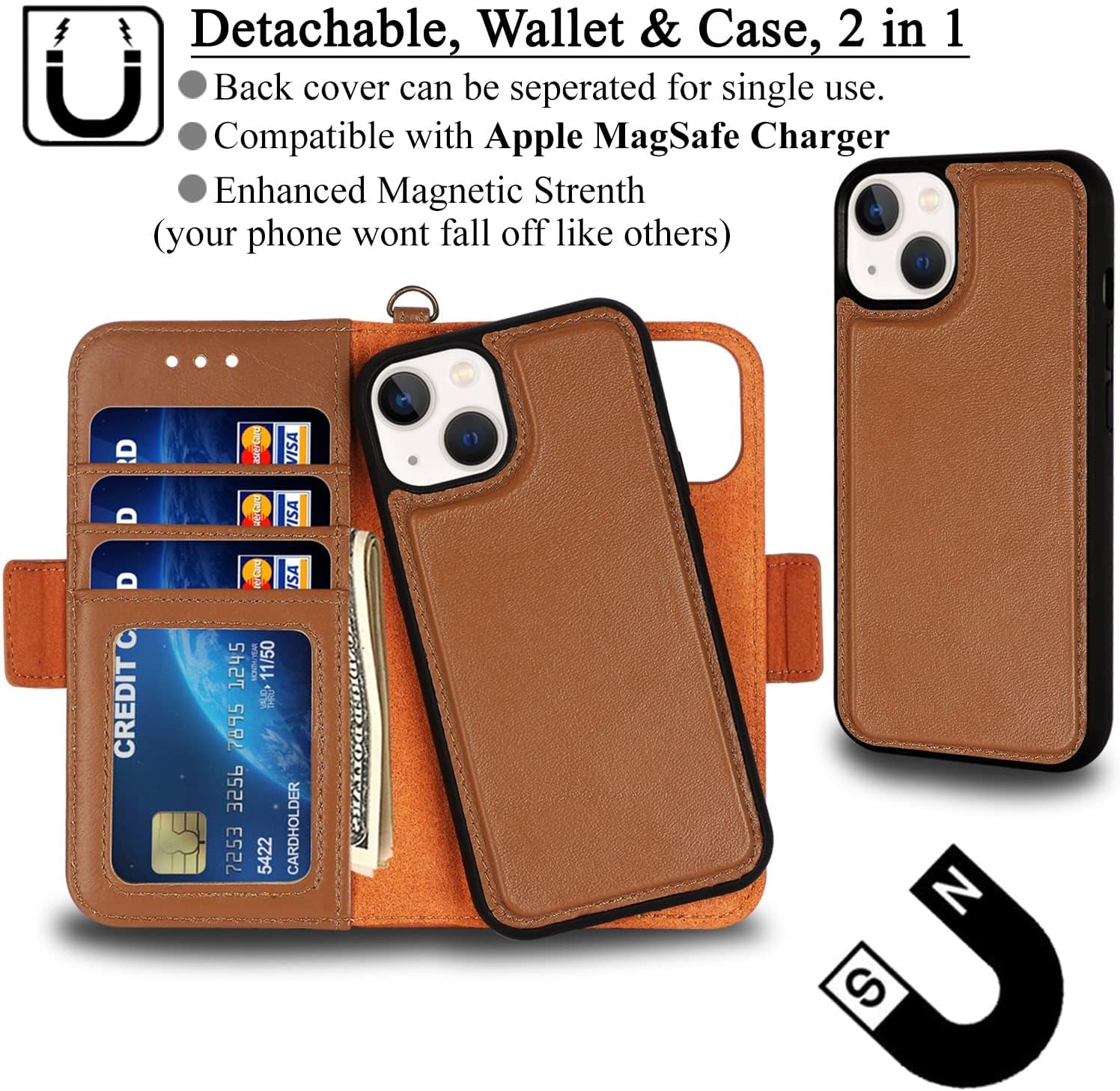 Genuine Leather Folio Wallet Case for Iphone 13 Mini 5G, Wireless Charging Compatible, RFID Card Protection, Magnetic Detachable, Luxury Flip Phone Cases Cover, Tempered Glass Included (Brown)