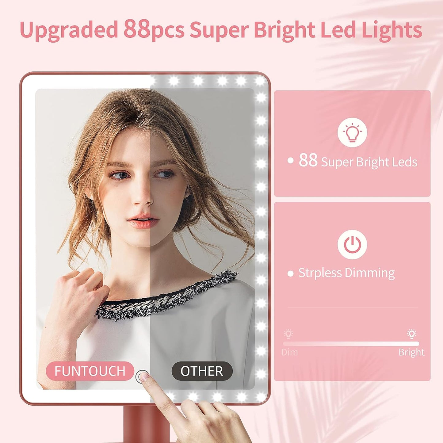 Large Lighted Vanity Makeup Mirror, 14.56 in X 8.97 In, 88 LED, 360 Rotation Touch Screen, 10X Magnification Tabletop Cosmetic Make up Mirror, Rose Gold
