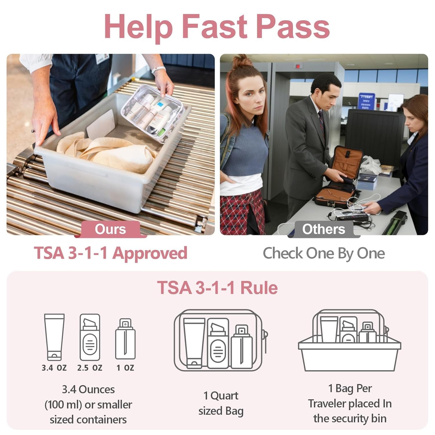 TSA Approved Toiletry Bag, 3 Pack Clear Makeup Bag, Travel Makeup Cosmetic Pouch for Women, Carry on Airport Airline Compliant Bag, White (For Age 12 or Above)
