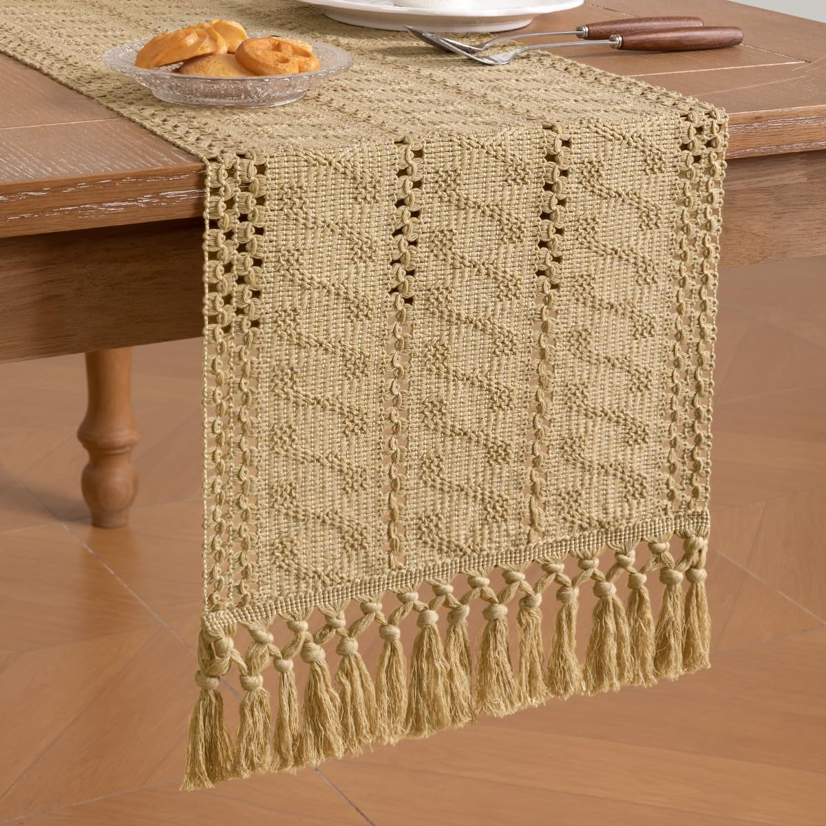 Champagne boho cotton table runner with macrame fringe, view 4