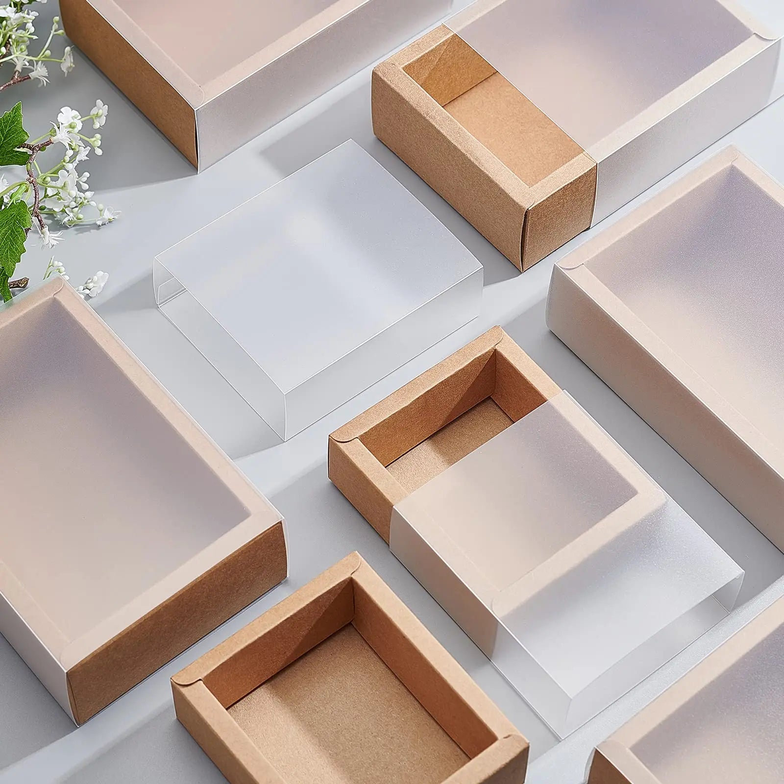20Pcs Kraft Paper Gift Box Wedding Party Cookie Candy Boxes with Clear PVC Window Soap Jewelry Display Drawer Packaging Boxes
