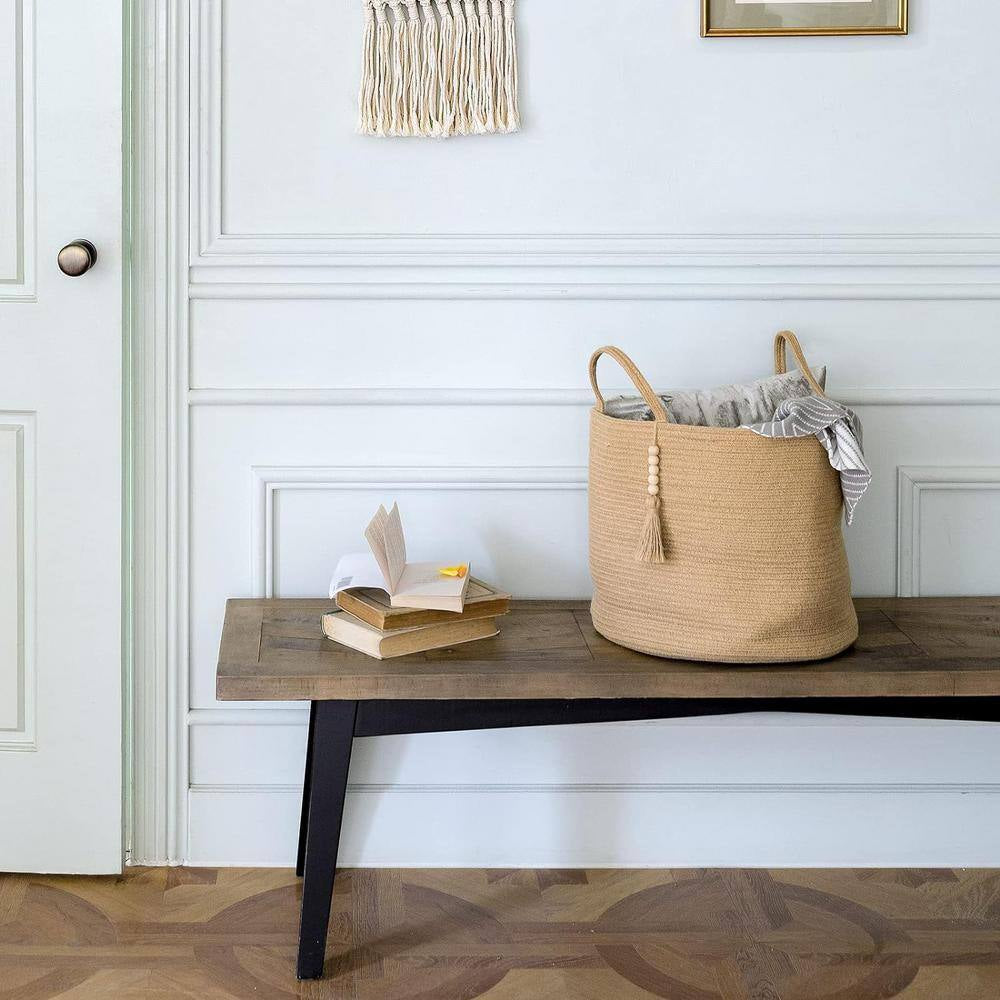 Woven Storage Basket Decorative Natural Rope Wooden Bead for Blanket & Toys Organizer Bin with Handles, Brown