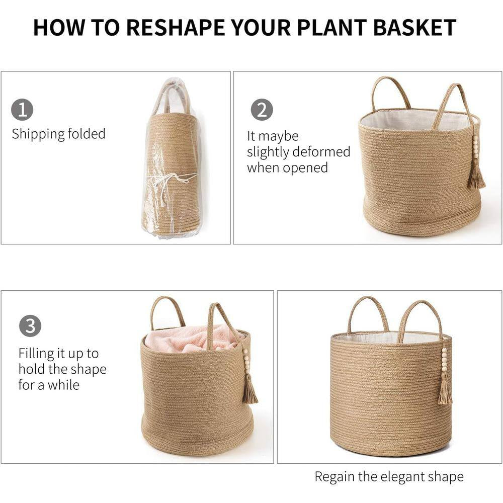 Woven Storage Basket Decorative Natural Rope Wooden Bead for Blanket & Toys Organizer Bin with Handles, Brown