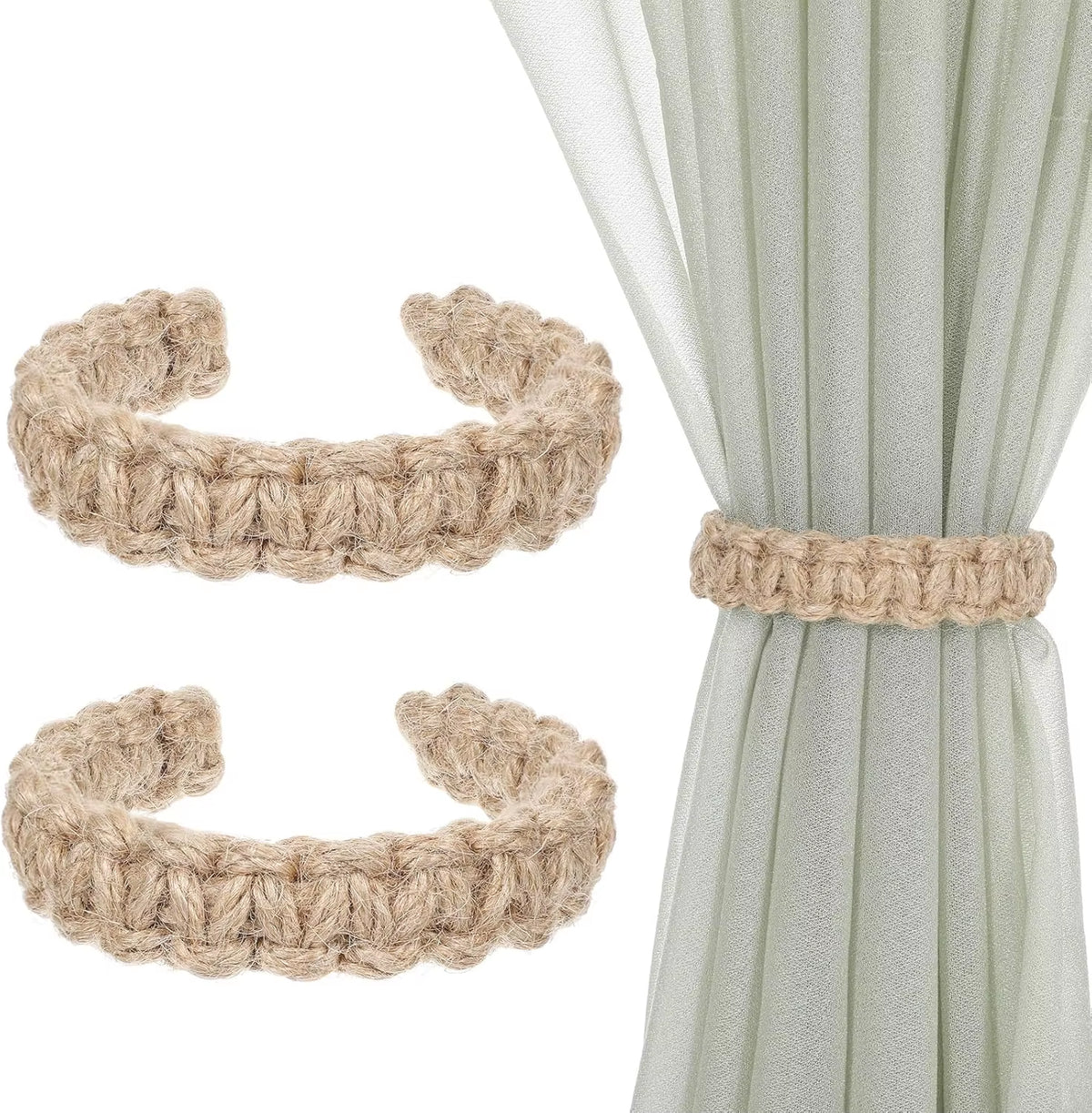 Jute Curtain Tiebacks Braided Natural Rope Holdbacks Adjustable Window Decor Woven Boho Style Coastal Home Accent