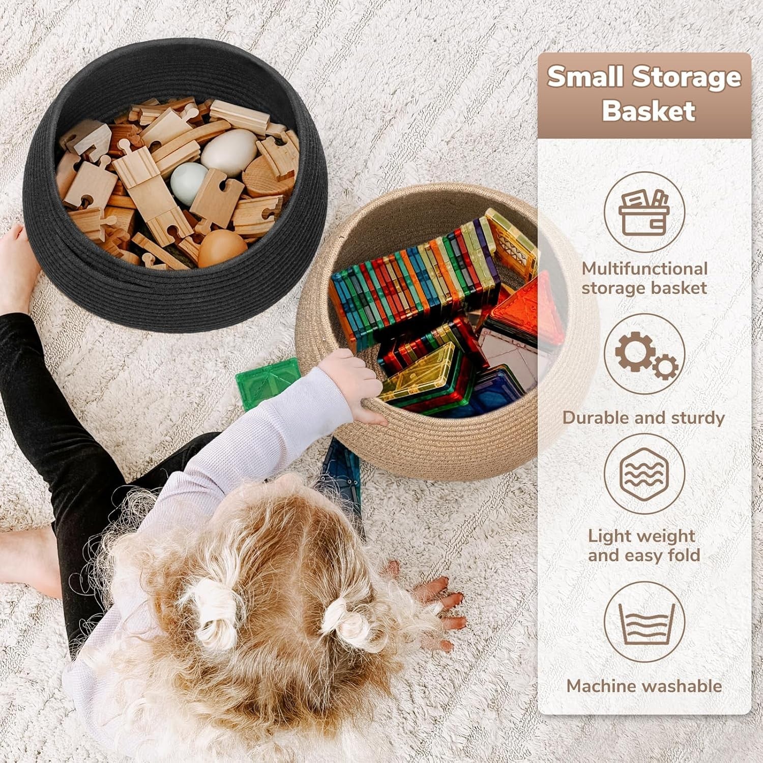 Goodpick Wicker Storage Basket for Living Room, Small round Woven Basket for Toy