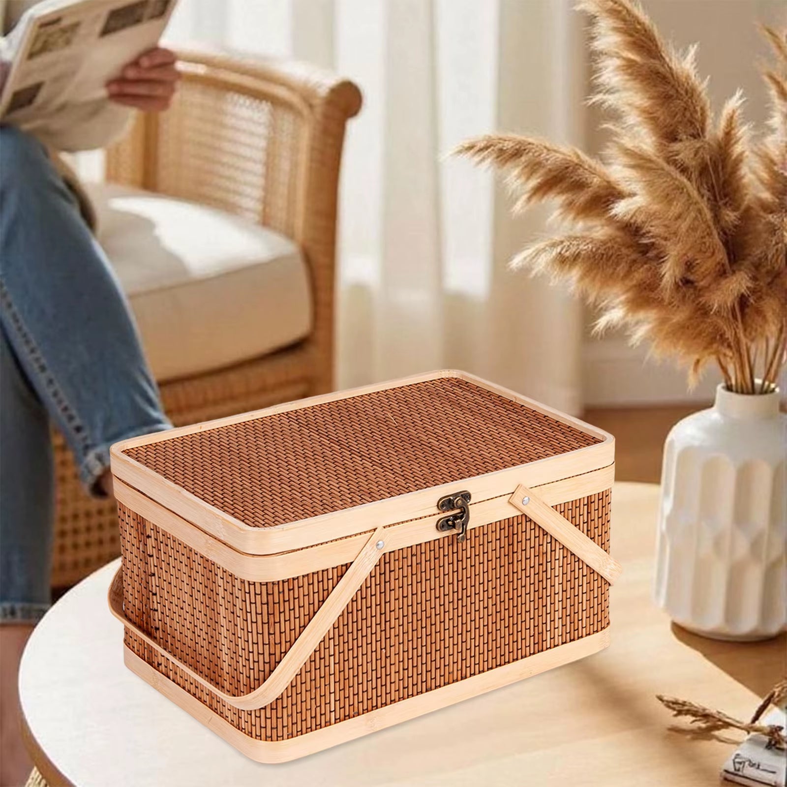 Bamboo Woven Basket with Top Handle Versatile Handwoven Picnic Basket Food Storage Basket Bamboo Basket with Lid for Snacks Cake