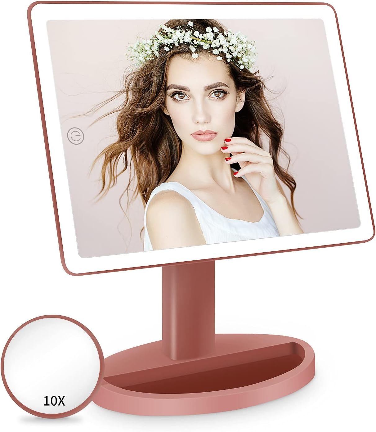Large Lighted Vanity Makeup Mirror, 14.56 in X 8.97 In, 88 LED, 360 Rotation Touch Screen, 10X Magnification Tabletop Cosmetic Make up Mirror, Rose Gold
