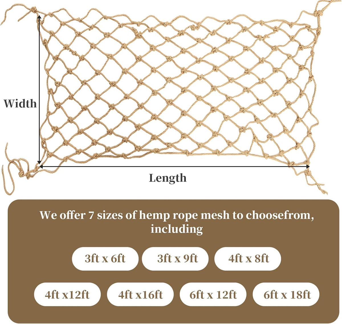 Jute Hemp Rope Net (3Ftx6Ft), Heavy Duty Natural Climbing Safety Rope Netting Balcony Stairs Fence Garden Playground Protection Net Indoor & Outdoor Decor Rope Net