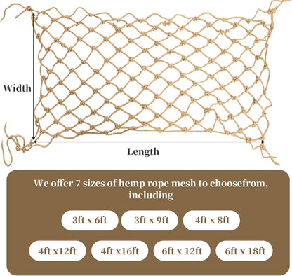 Jute Hemp Rope Net (3Ftx6Ft), Heavy Duty Natural Climbing Safety Rope Netting Balcony Stairs Fence Garden Playground Protection Net Indoor & Outdoor Decor Rope Net
