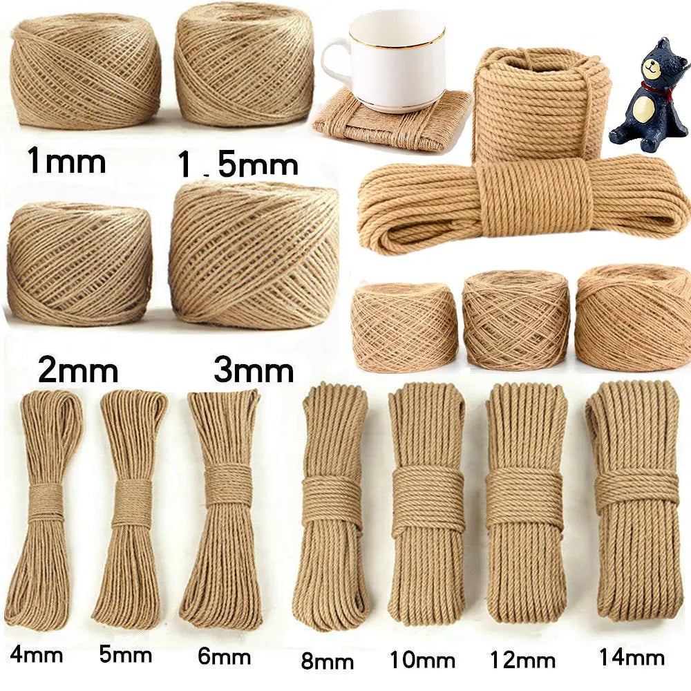 100% Natural Jute Rope Hemp Rope Cord String Twine Burlap Jute Twine for DIY Crafts Gardening Hammock Home Decor 1-14Mm
