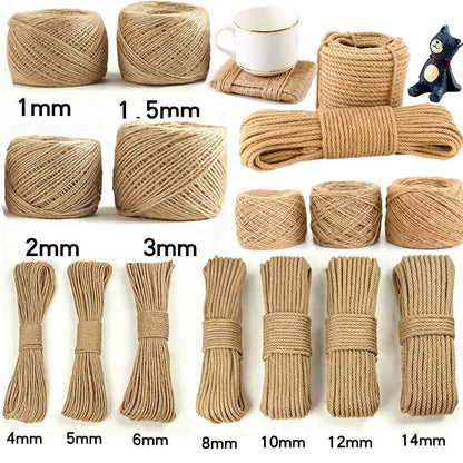 100% Natural Jute Rope Hemp Rope Cord String Twine Burlap Jute Twine for DIY Crafts Gardening Hammock Home Decor 1-14Mm