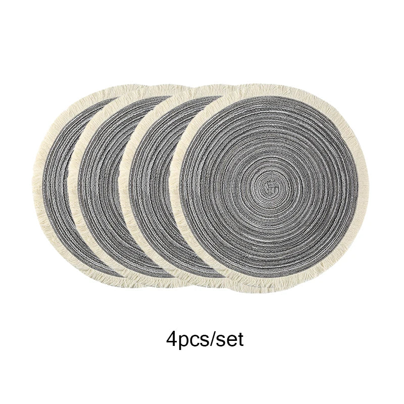 4Pcs/Set Hot Selling Fringe Eco-Friendly Household Non-Slip Morden Style Table Woven Placemats Polyester round Mat