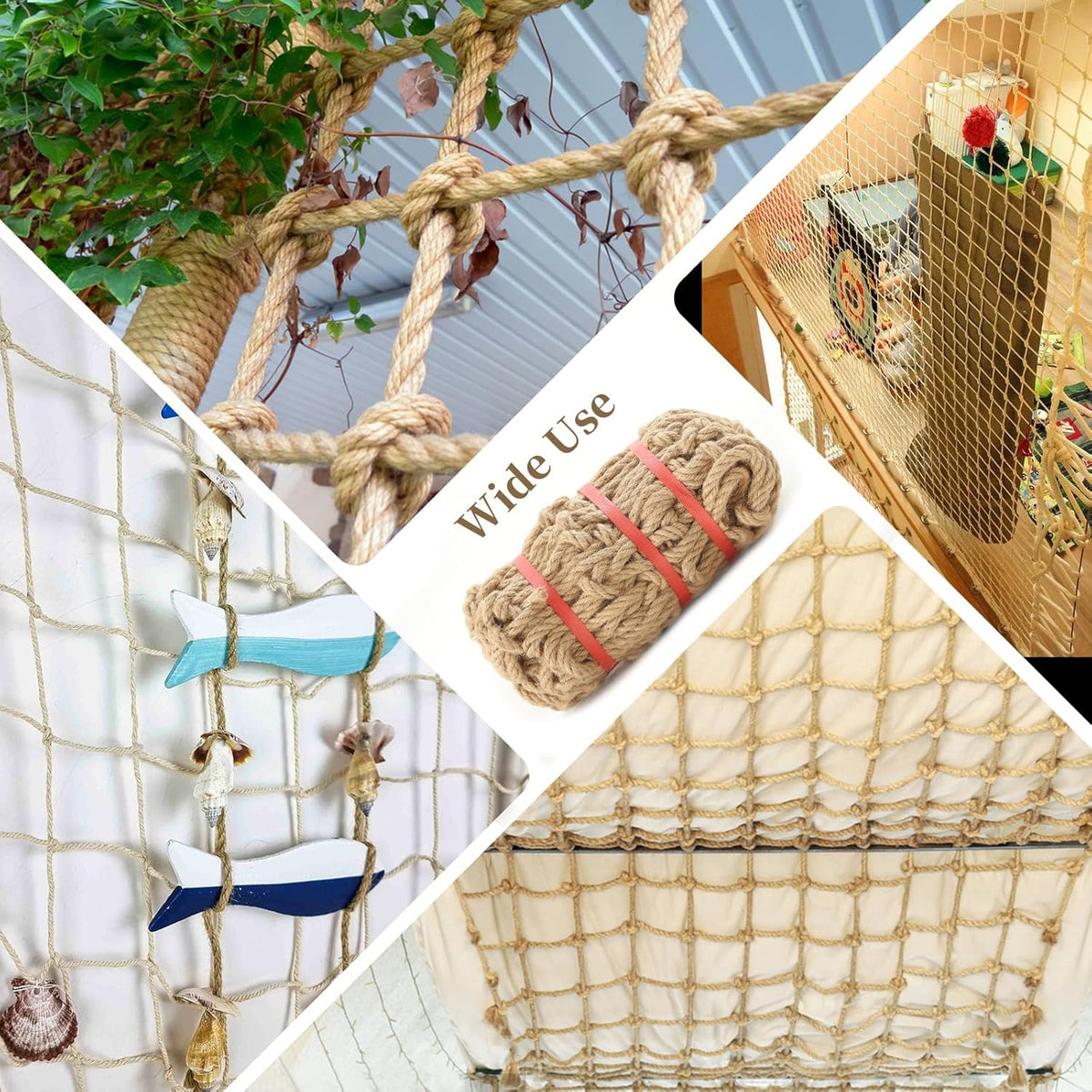 Jute Hemp Rope Net (3Ftx6Ft), Heavy Duty Natural Climbing Safety Rope Netting Balcony Stairs Fence Garden Playground Protection Net Indoor & Outdoor Decor Rope Net