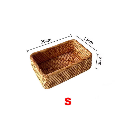 Handwoven Basket Organizer Wicker Basket Rectangular Rattan Basket Storage Tray Bread Fruit Picnic Basket Cosmetic Storage Box