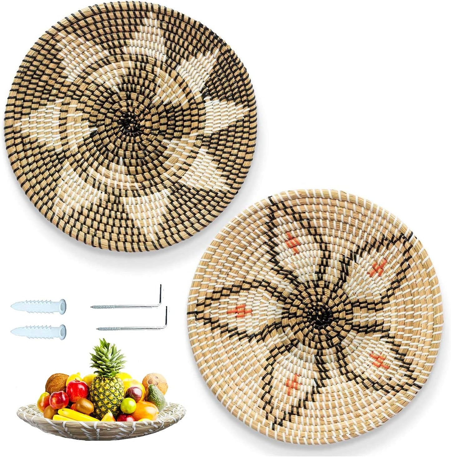 Handmade Woven Basket Wall Decor - Rattan Hanging round Baskets Boho Flat (Set 2 B and F)
