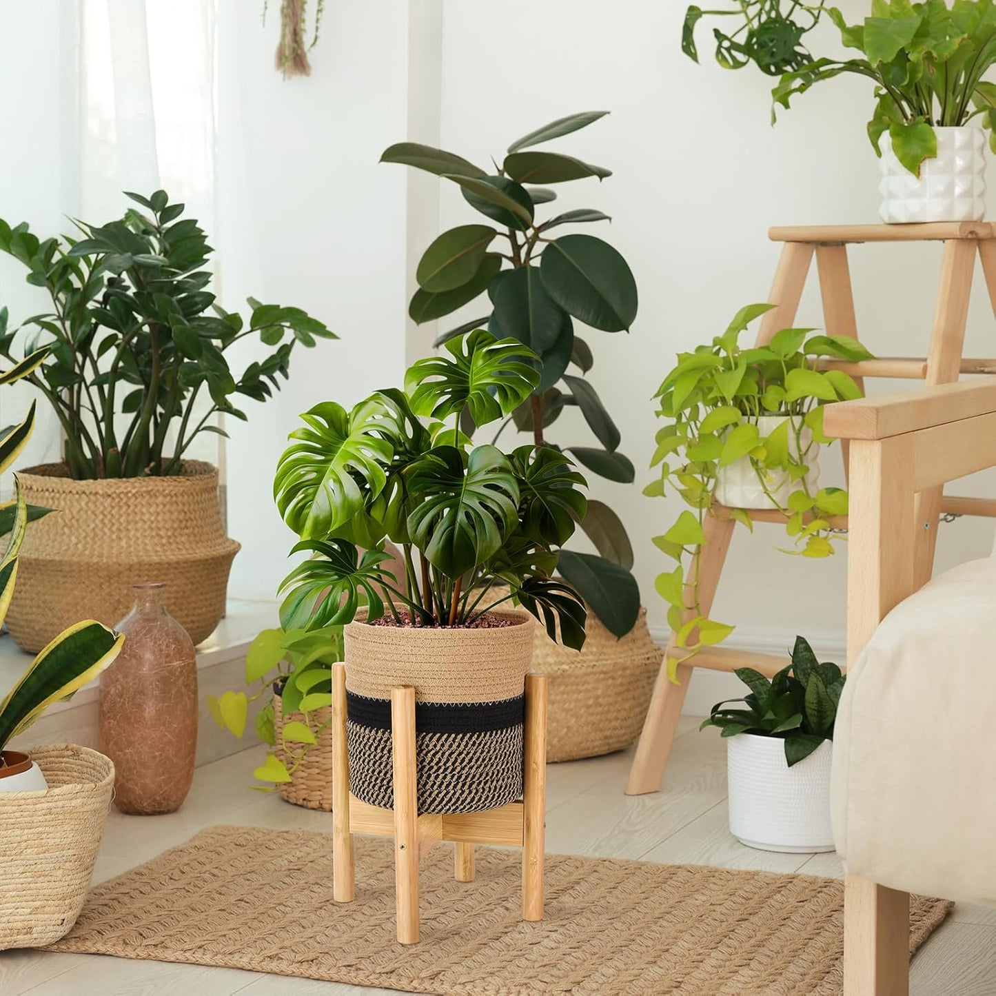 Plant Basket with Stand Indoor Planter Pot Holder Sturdy Jute Rope Modern Woven Basket, Cotton Rope Woven Pot with Bamboo Stand(7.87 Inch,Black and Beige Stripes)