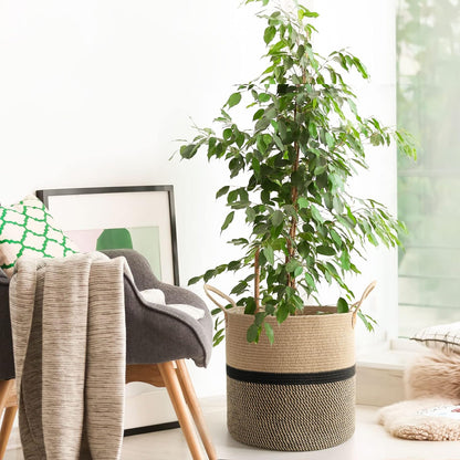 Extra Large Jute Woven Storage Basket with Handles – Laundry Basket Toy Towels Blanket Basket Home Decor Gift, 16" X 16", Black