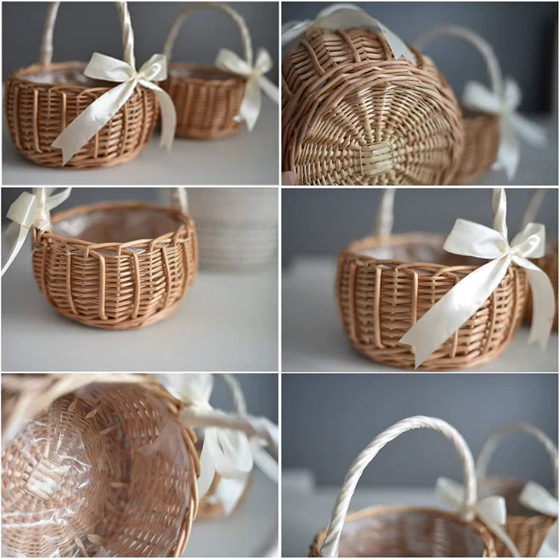 Hand-Woven Wedding Flower Basket with Handle Wicker Sundries Basket Wedding Flower Girls Basket for Home Picnic Storage Basket