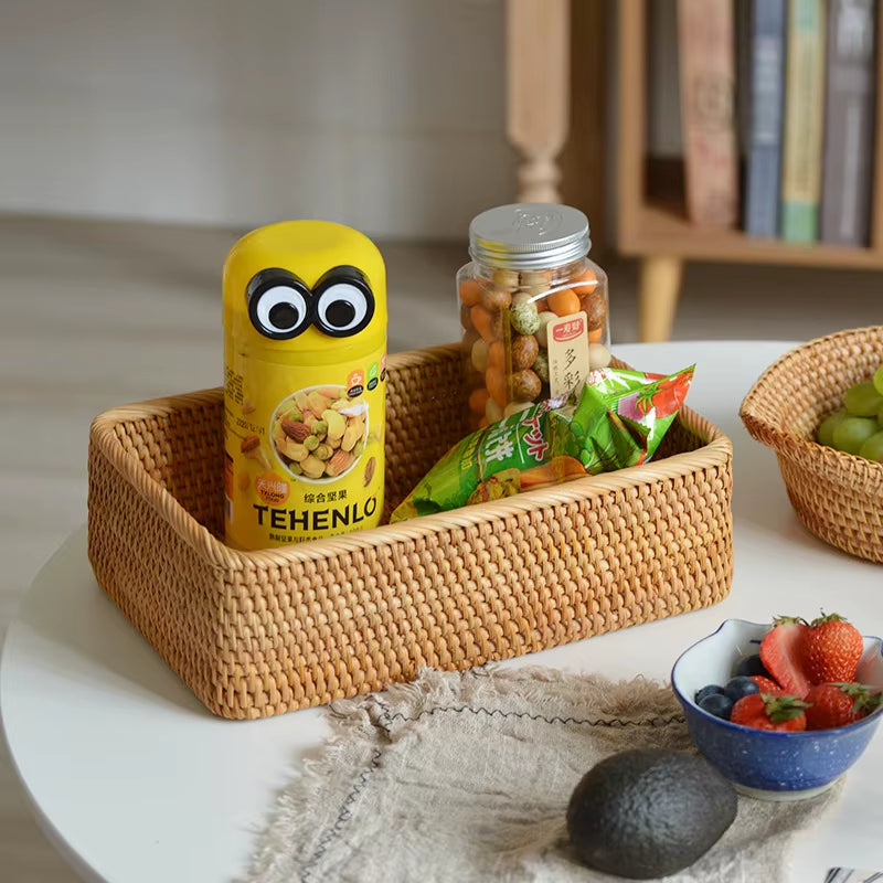Handwoven Basket Organizer Wicker Basket Rectangular Rattan Basket Storage Tray Bread Fruit Picnic Basket Cosmetic Storage Box